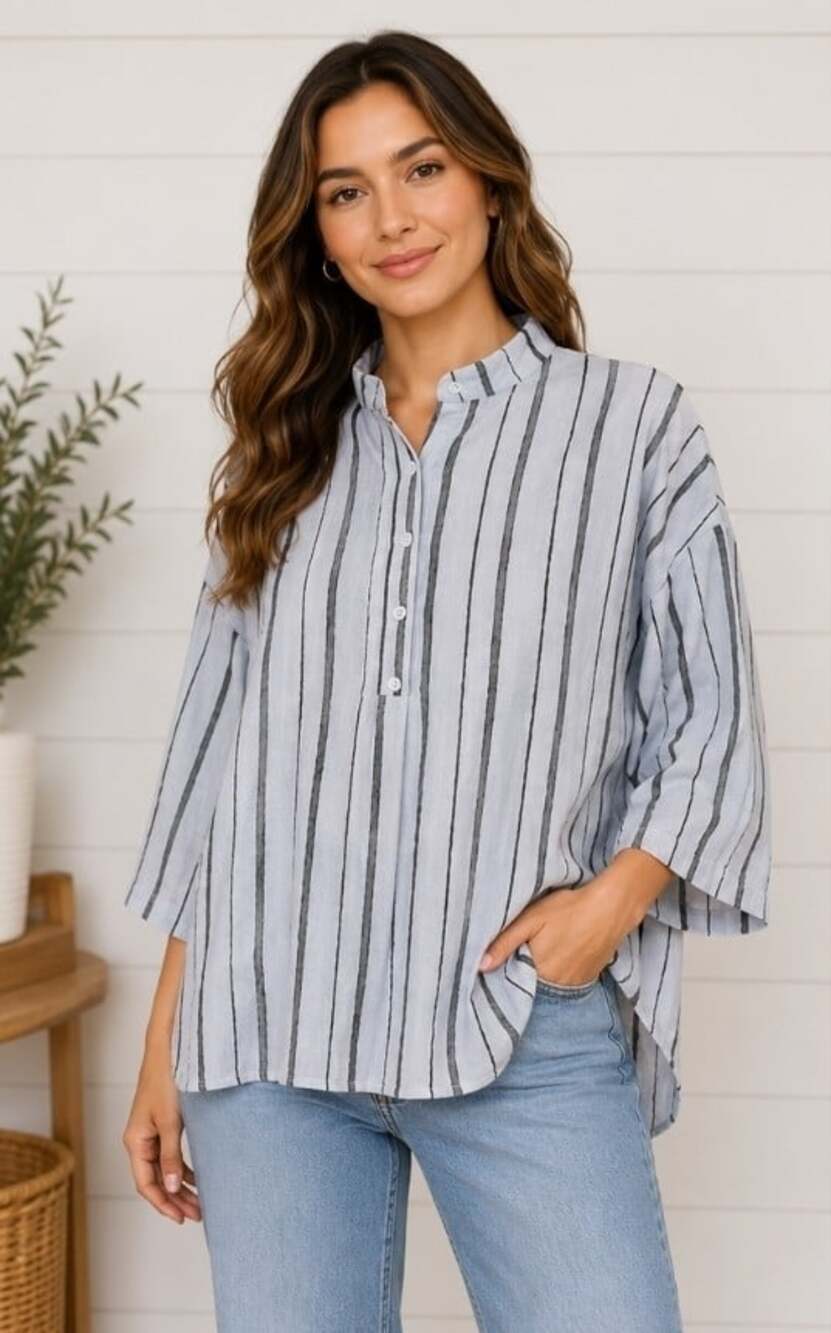 Patrizia Luca Milano striped band-collar pullover tunic shirt  One Size New T80